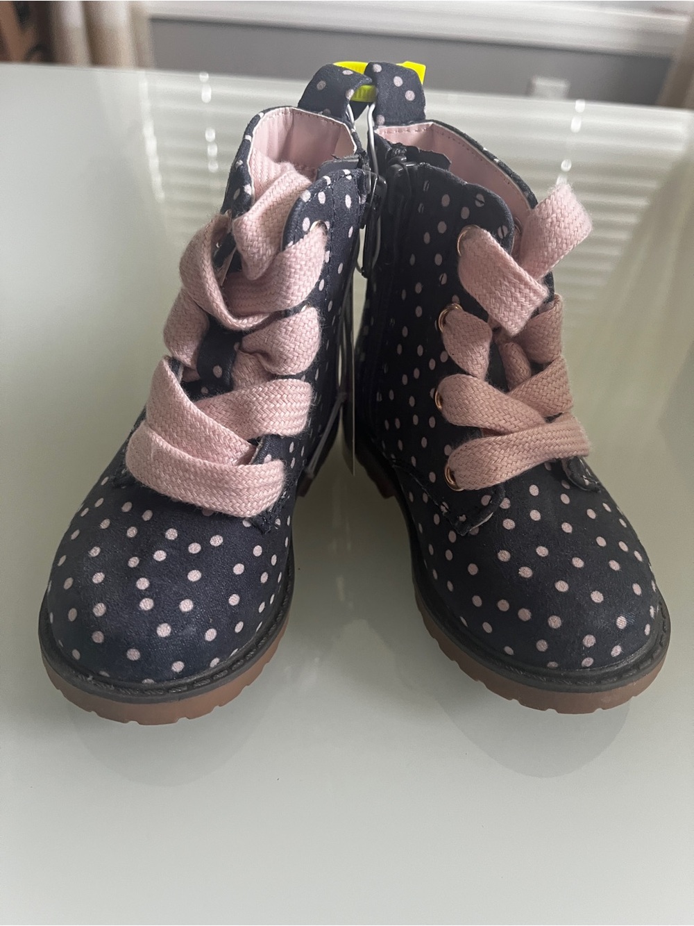 Cat & Jack Navy Polka Dot Boots with Pink Laces
